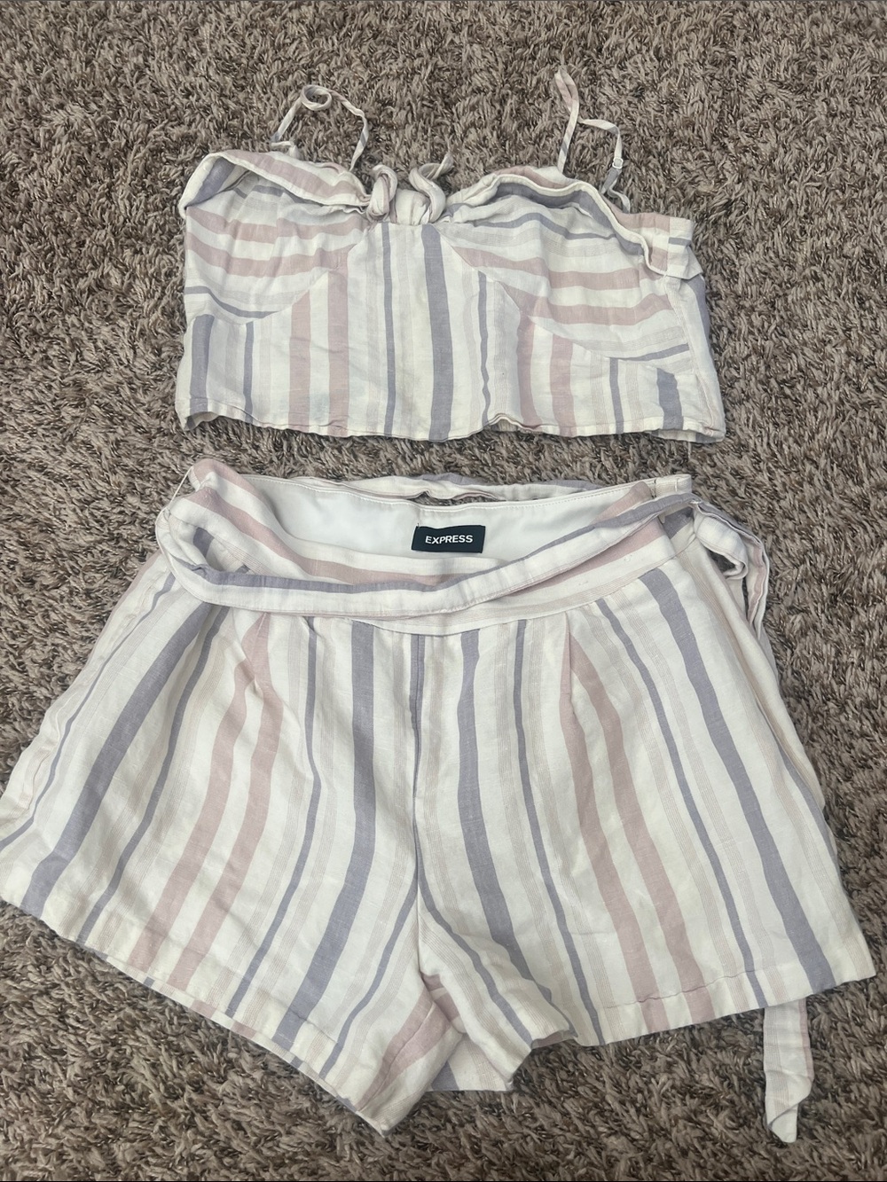 Express Striped Crop Cami & Tie-Waist Shorts Set - Cream, Pink, Gray